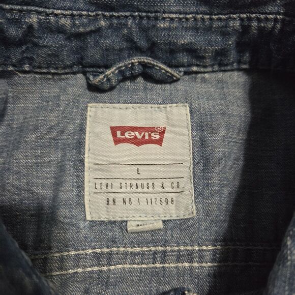 Levis Button Up Shirt Mens Large Short Sleeve Blue Denim Jean Cowboy Red Tab - Picture 3 of 9